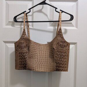 Mia Vesper Faux Croc Embossed Tiny Crop Top Toast Brown  -Med